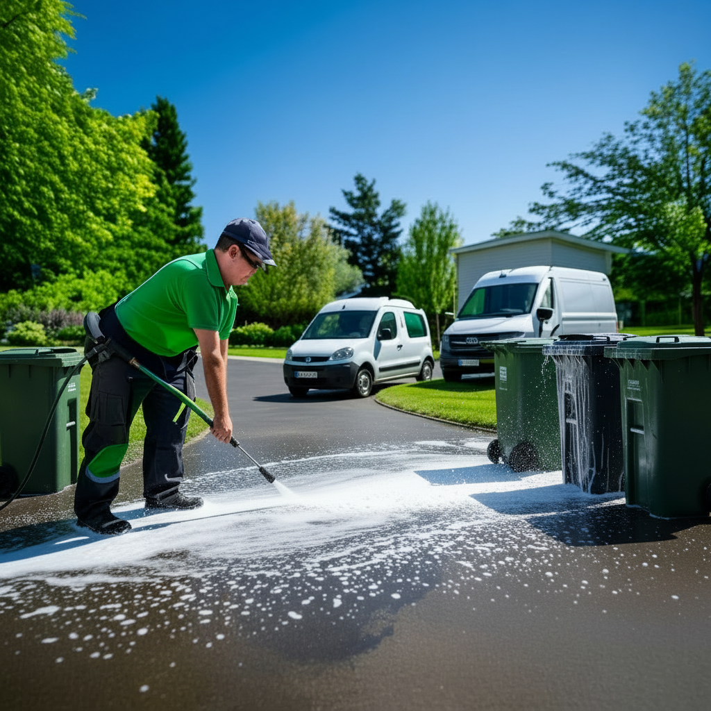 Trash bin cleaning service: Man power washing green trash cans with vans in background. Professional trash can cleaning.